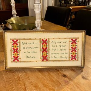 Vintage 1982 Framed Cross Stitch God Made Mothers/Special Daddy Quote Gold Frame